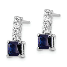 Load image into Gallery viewer, Sterling Silver Polished Rhodium Cr. Blue Spinel and CZ Post Dangle Earring
