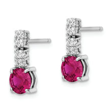 Load image into Gallery viewer, Sterling Silver Rhodium-plated Created Ruby and CZ Post Dangle Earrings
