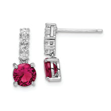 Load image into Gallery viewer, Sterling Silver Rhodium-plated Created Ruby and CZ Post Dangle Earrings
