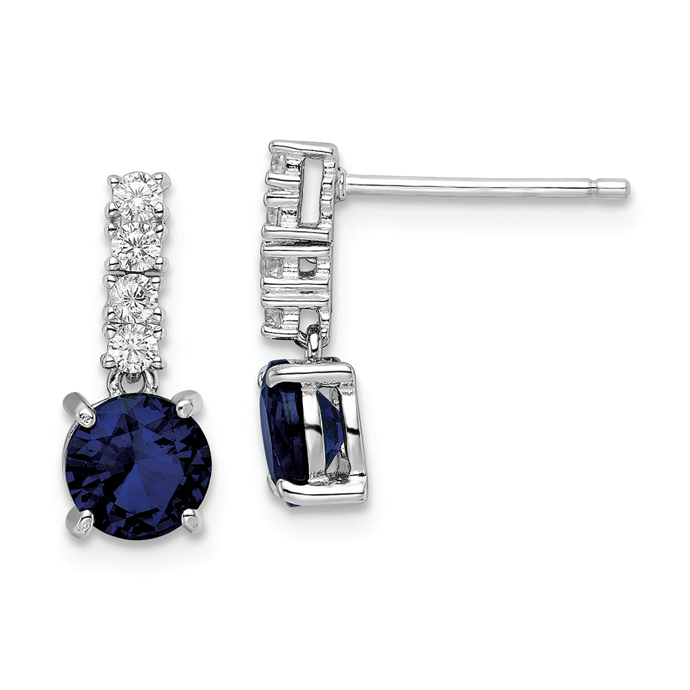 Sterling Silver Polished Rhodium Cr. Blue Spinel and CZ Post Dangle Earring