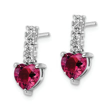 Load image into Gallery viewer, Sterling Silver Polish Rhod-plated Created Ruby Heart Post Dangle Earrings
