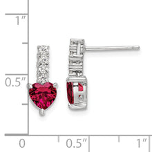 Load image into Gallery viewer, Sterling Silver Polish Rhod-plated Created Ruby Heart Post Dangle Earrings
