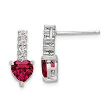 Load image into Gallery viewer, Sterling Silver Polish Rhod-plated Created Ruby Heart Post Dangle Earrings
