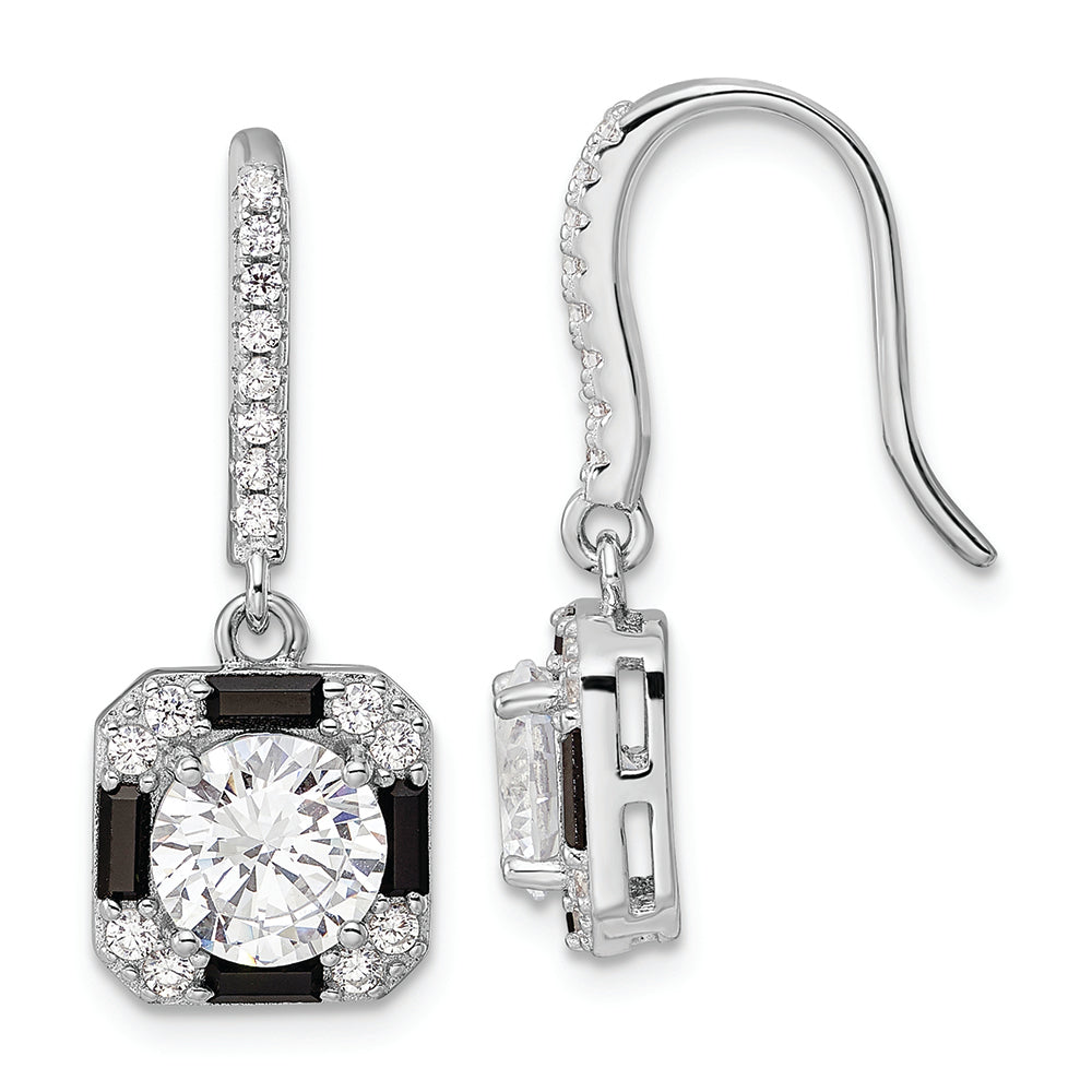 Sterling Silver Rhodium-plate CZ & Black Nano Crystal Square Earrings