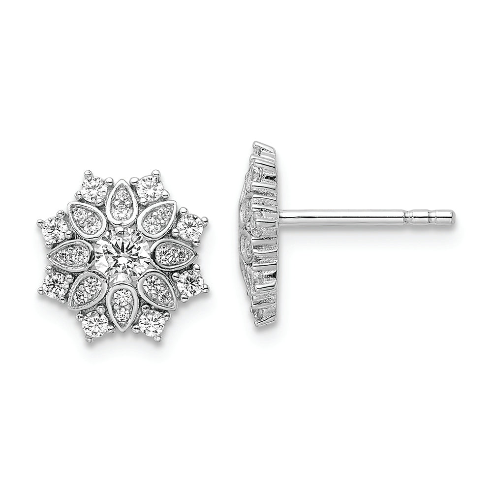 Sterling Silver Rhodium-plated CZ Flower Post Earrings