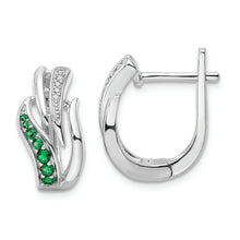 Load image into Gallery viewer, Sterling Silver Rhodium-plated Green &amp; White CZ Hinged Hoop Earrings
