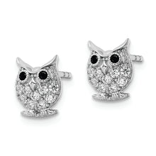 Load image into Gallery viewer, Sterling Silver Rhodium-plated Black &amp; White CZ Owl Post Earrings
