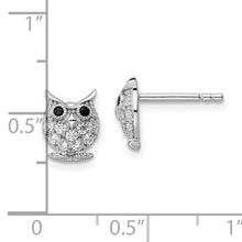 Load image into Gallery viewer, Sterling Silver Rhodium-plated Black &amp; White CZ Owl Post Earrings
