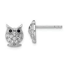 Load image into Gallery viewer, Sterling Silver Rhodium-plated Black &amp; White CZ Owl Post Earrings
