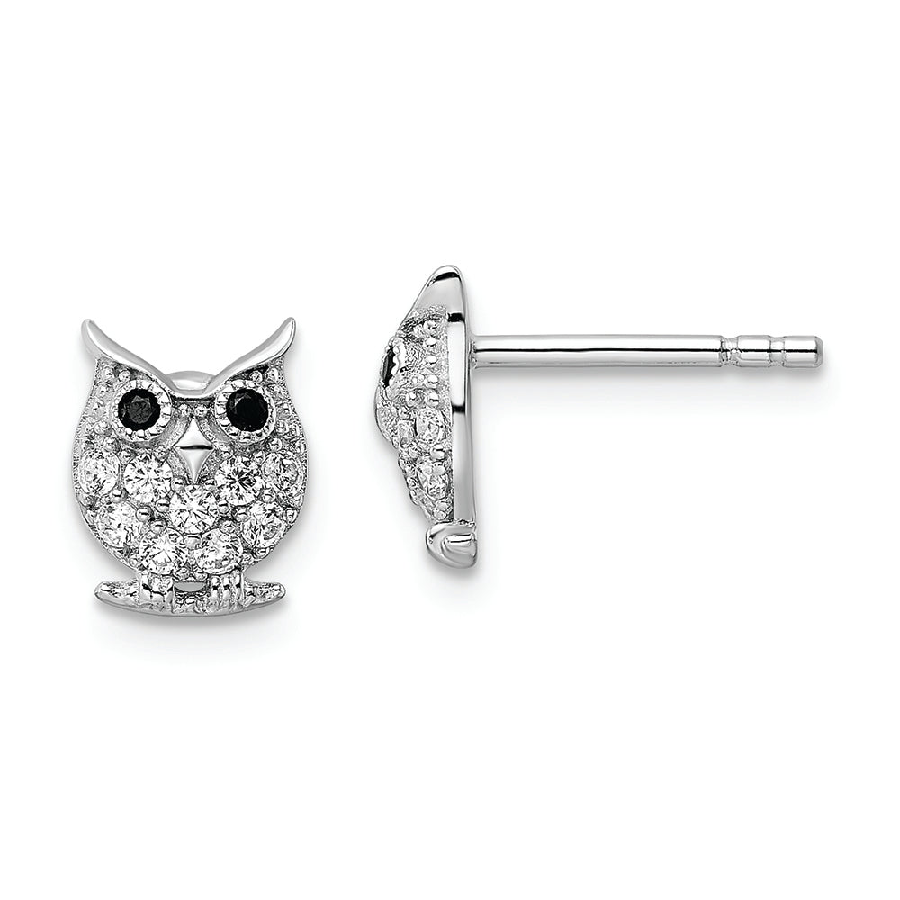 Sterling Silver Rhodium-plated Black & White CZ Owl Post Earrings