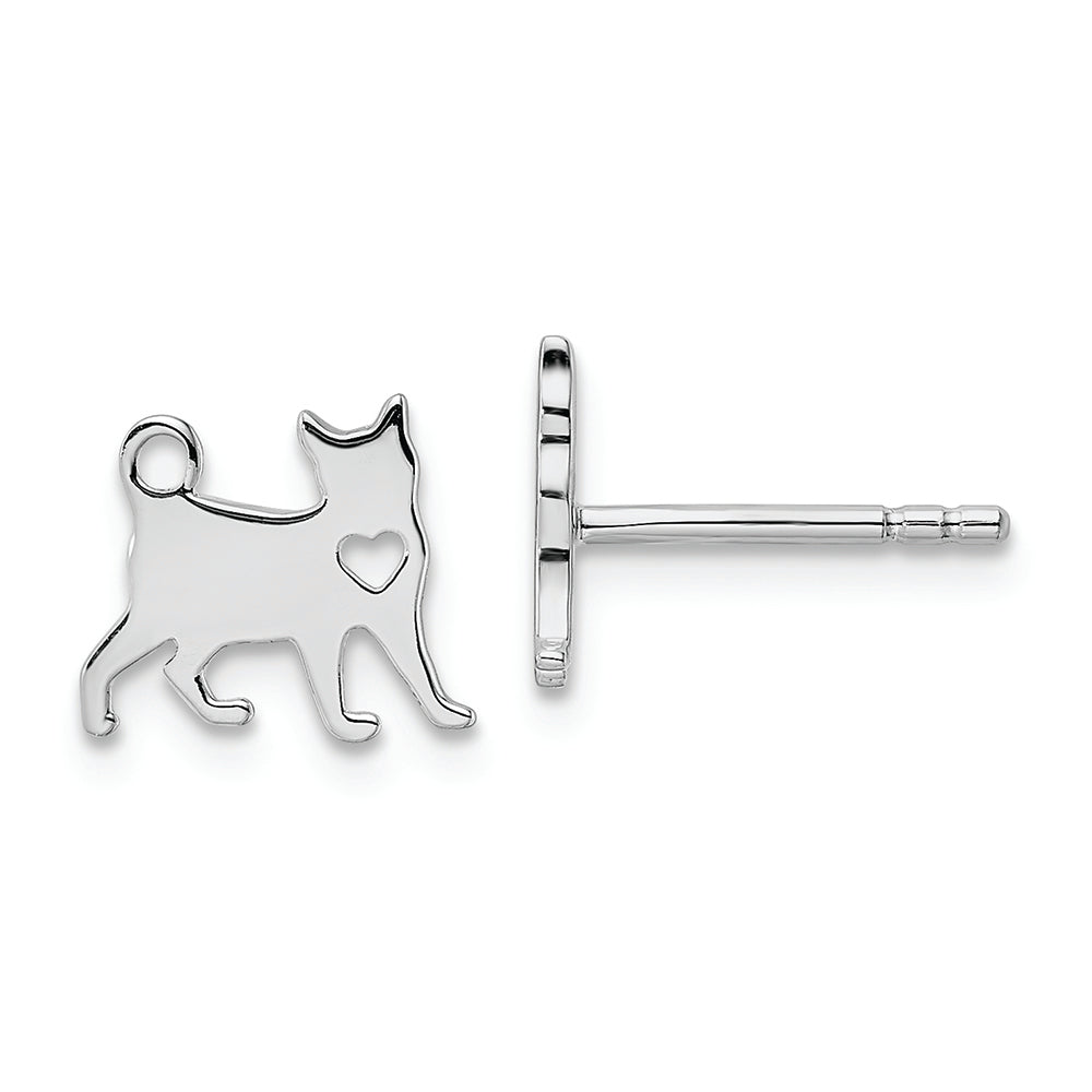 Sterling Silver Rhodium-plated Cat w/Heart Post Earrings