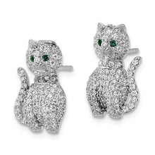 Load image into Gallery viewer, Sterling Silver Rhodium-plated Polished Green &amp; White CZ Cat Post Earrings
