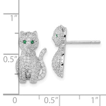 Load image into Gallery viewer, Sterling Silver Rhodium-plated Polished Green &amp; White CZ Cat Post Earrings
