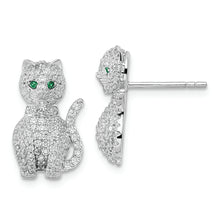 Load image into Gallery viewer, Sterling Silver Rhodium-plated Polished Green &amp; White CZ Cat Post Earrings
