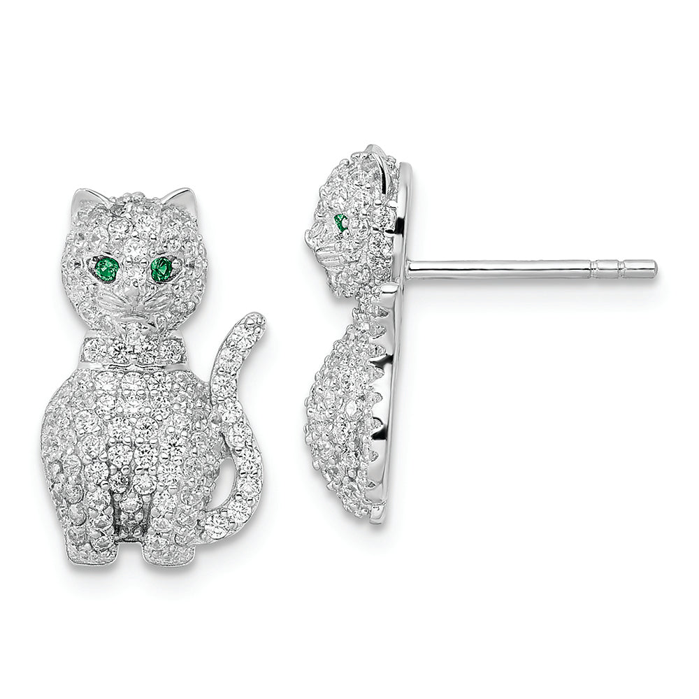 Sterling Silver Rhodium-plated Polished Green & White CZ Cat Post Earrings