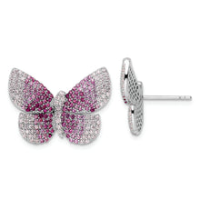 Load image into Gallery viewer, Sterling Silver Rhodium-plated Polished Pink CZ Butterfly Post Earrings
