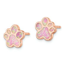 Load image into Gallery viewer, Sterling Silver Rose-tone Created Opal Inlay Pawprint Post Earrings
