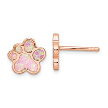 Load image into Gallery viewer, Sterling Silver Rose-tone Created Opal Inlay Pawprint Post Earrings
