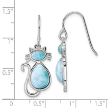 Load image into Gallery viewer, Sterling Silver Rhodium-plated Polished Larimar Cat Dangle Earrings
