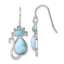 Load image into Gallery viewer, Sterling Silver Rhodium-plated Polished Larimar Cat Dangle Earrings
