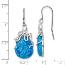 Load image into Gallery viewer, Sterling Silver Rhodium-plated Blue Created Opal Octopus Dangle Earrings
