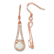 Load image into Gallery viewer, Sterling Silver Rose-tone Polished CZ &amp; White Created Opal Dangle Earrings
