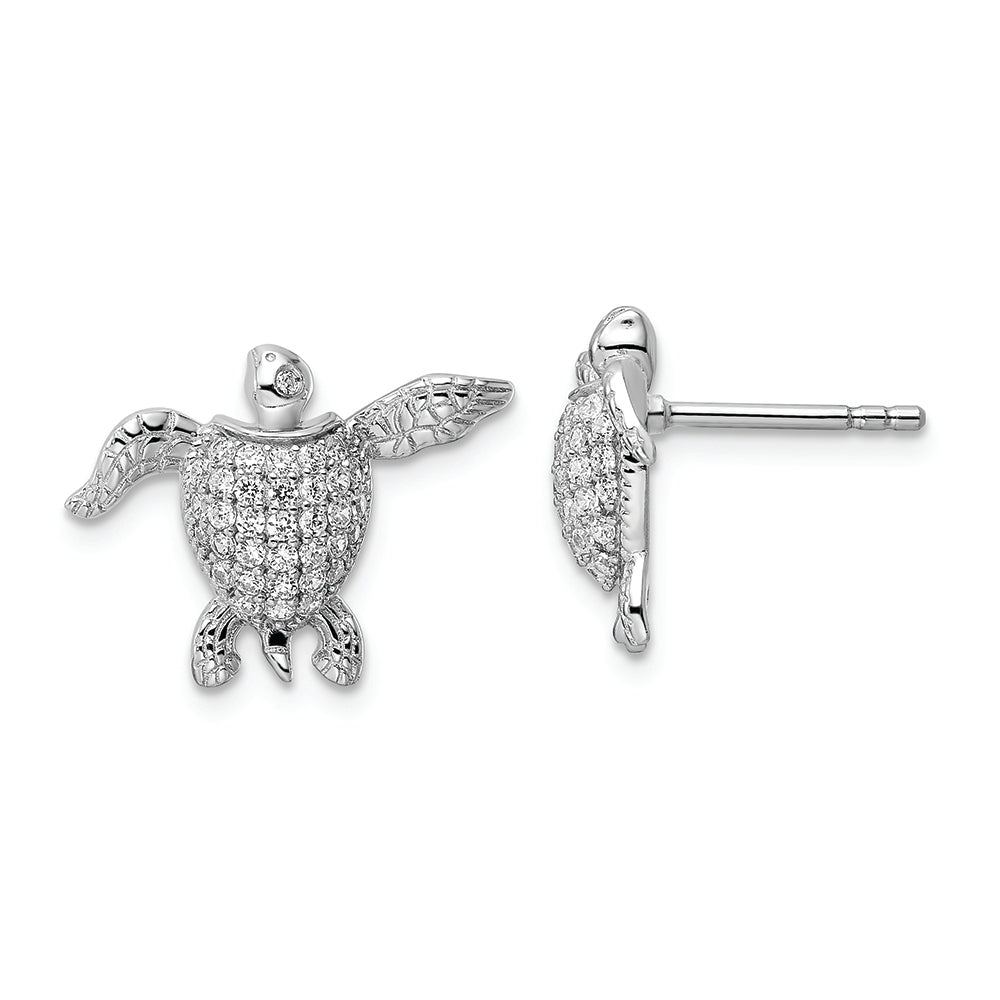 Sterling Silver Rhodium-plated CZ Sea Turtle Post Earrings