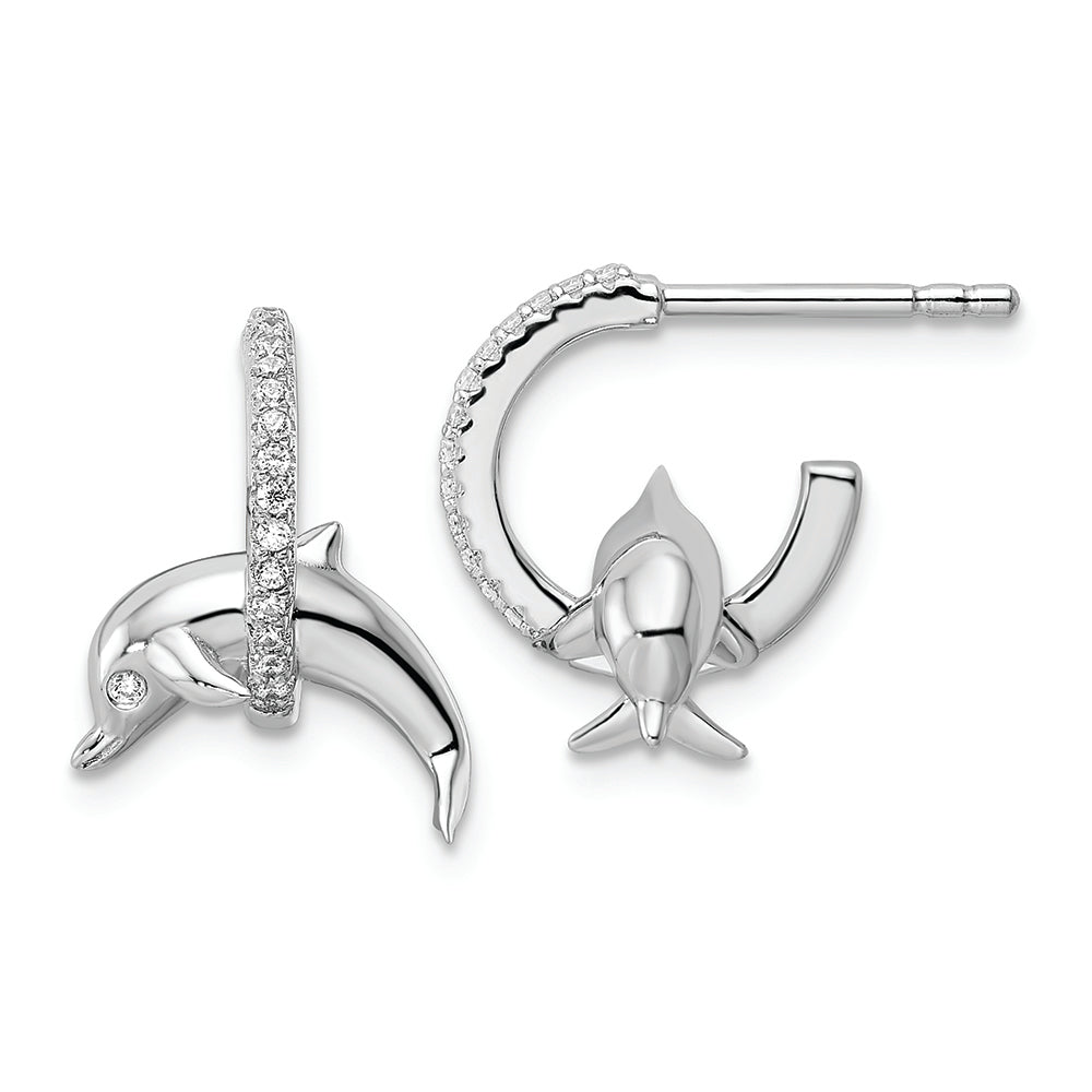 Sterling Silver Rhodium-plated CZ Dolphin Post Earrings