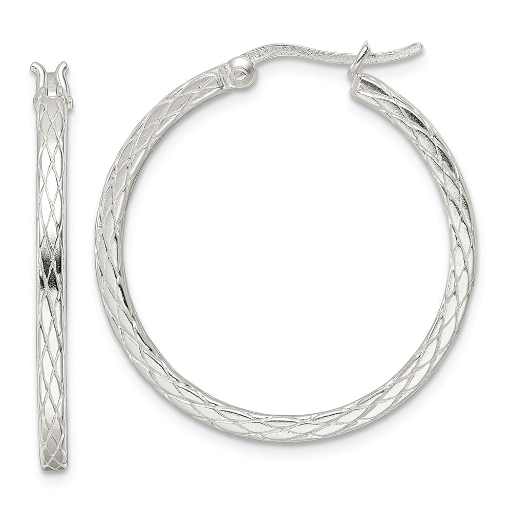 Sterling Silver Diamond Pattern Hoop Earrings