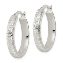 Load image into Gallery viewer, Sterling Silver Textured Greek Key 4x24mm Tube Hoop Earrings
