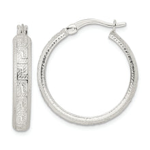 Load image into Gallery viewer, Sterling Silver Textured Greek Key 4x24mm Tube Hoop Earrings
