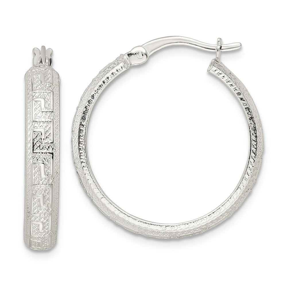 Sterling Silver Textured Greek Key 4x24mm Tube Hoop Earrings