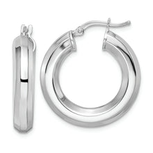 Load image into Gallery viewer, Sterling Silver Rhodium-plated 5x24mm Octagon Tube Hoop Earrings
