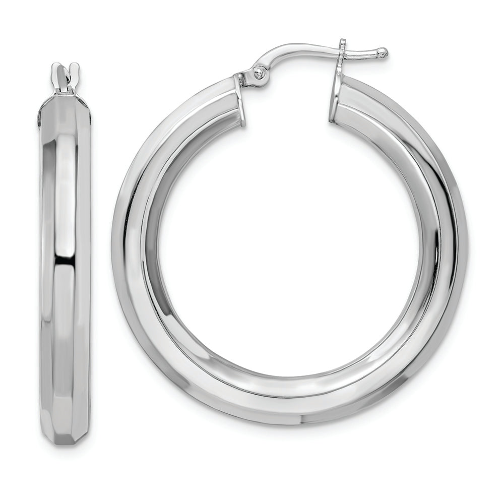 Sterling Silver Rhodium-plated 5x34mm Octagon Tube Hoop Earrings