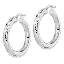 Load image into Gallery viewer, Sterling Silver Rhodium-plated 5x34mm D/C Octagon Tube Hoop Earrings
