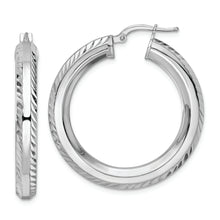Load image into Gallery viewer, Sterling Silver Rhodium-plated 5x34mm D/C Octagon Tube Hoop Earrings
