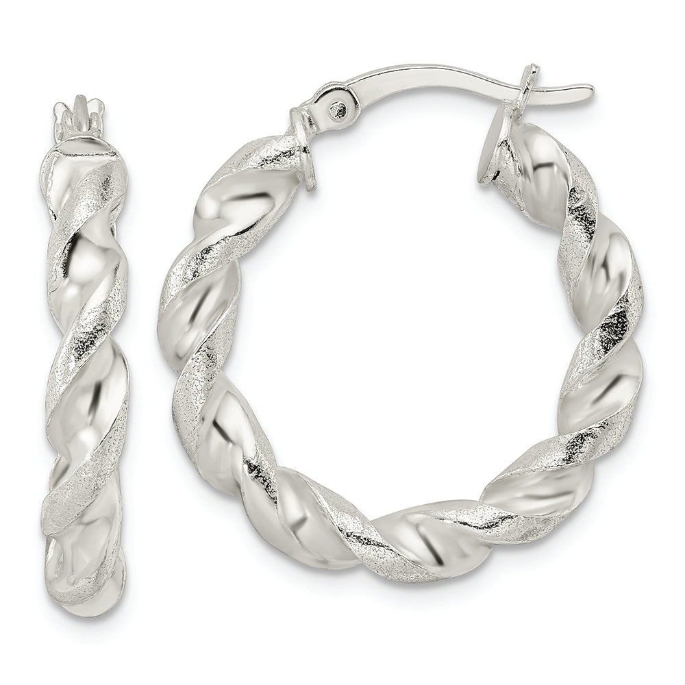 Sterling Silver Polished and Textured Twisted Circle Hoop Earrings