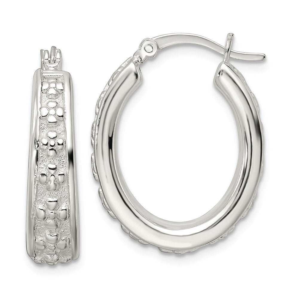 Sterling Silver Polished Floral Oval Hoop Earrings