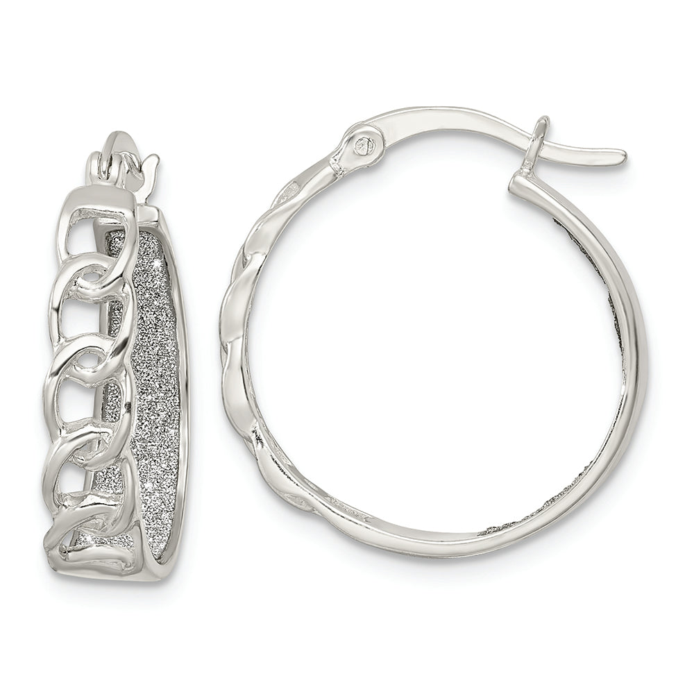 Sterling Silver Polished Fabric Glitter Hoop Earrings