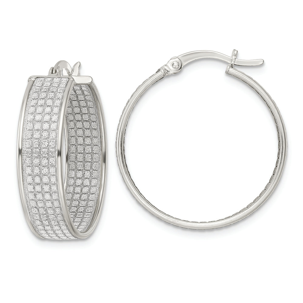 Sterling Silver Polished Fabric Glitter Hoop Earrings