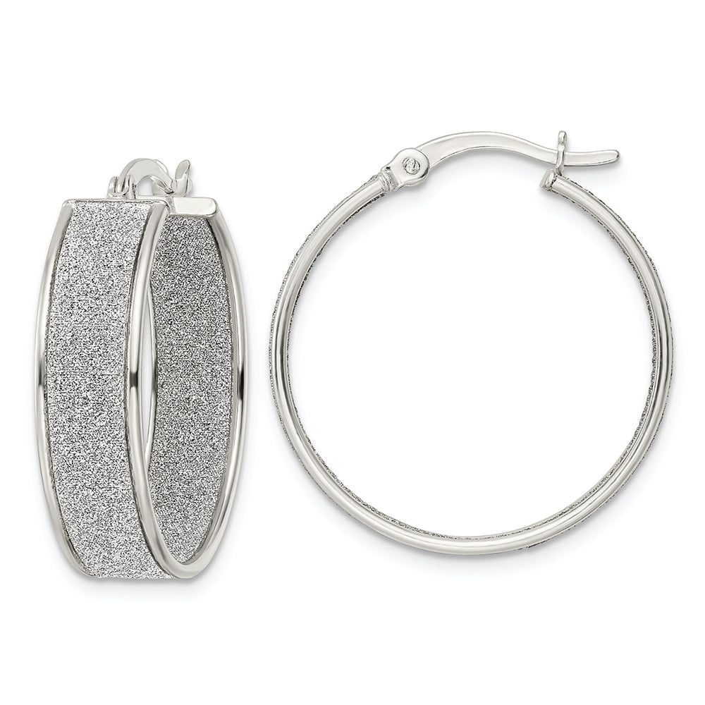 Sterling Silver Polished Fabric Glitter Hoop Earrings