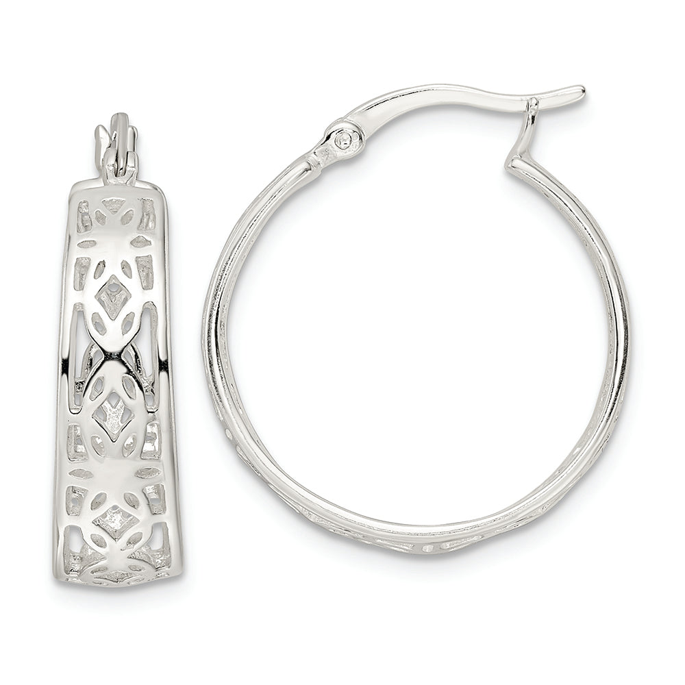 Sterling Silver Polished Floral Circle Hoop Earrings
