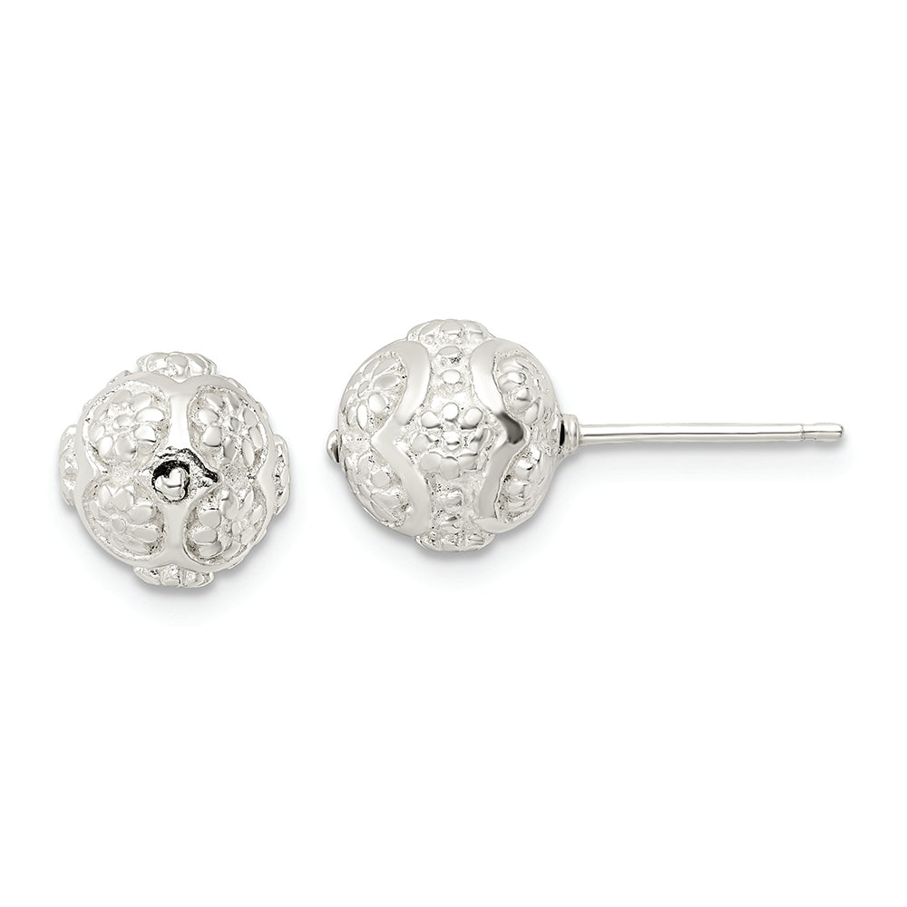 Sterling Silver Polished Floral Ball Post Earrings