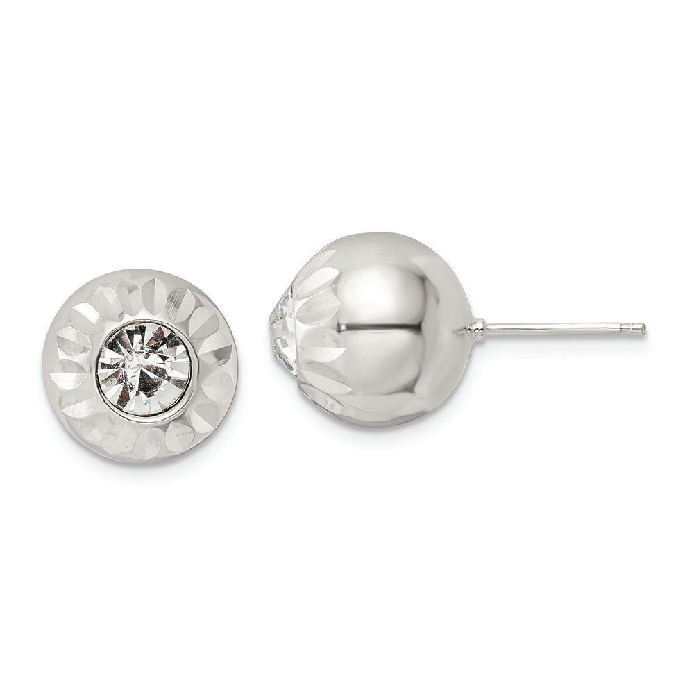 Sterling Silver Polished D/C Crystal Ball Post Earrings