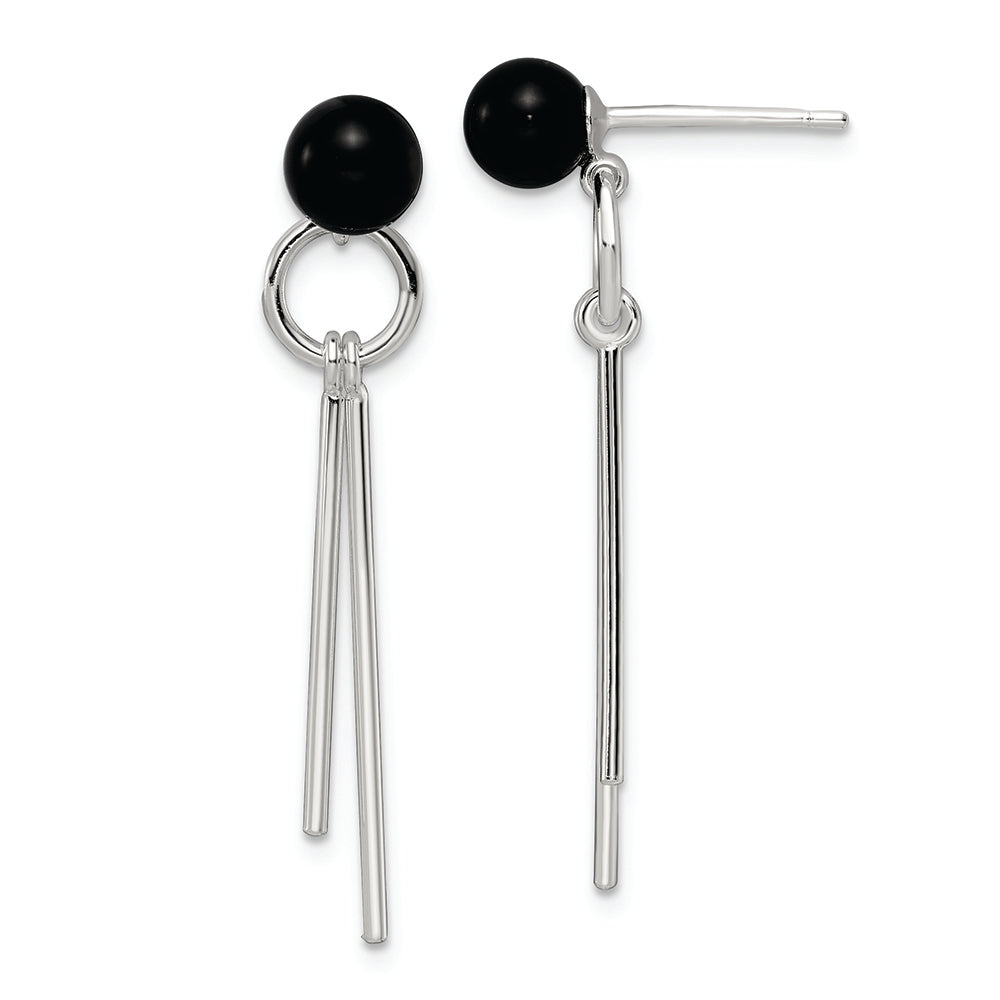Sterling Silver Polished Onyx Fancy Dangle Post Earrings