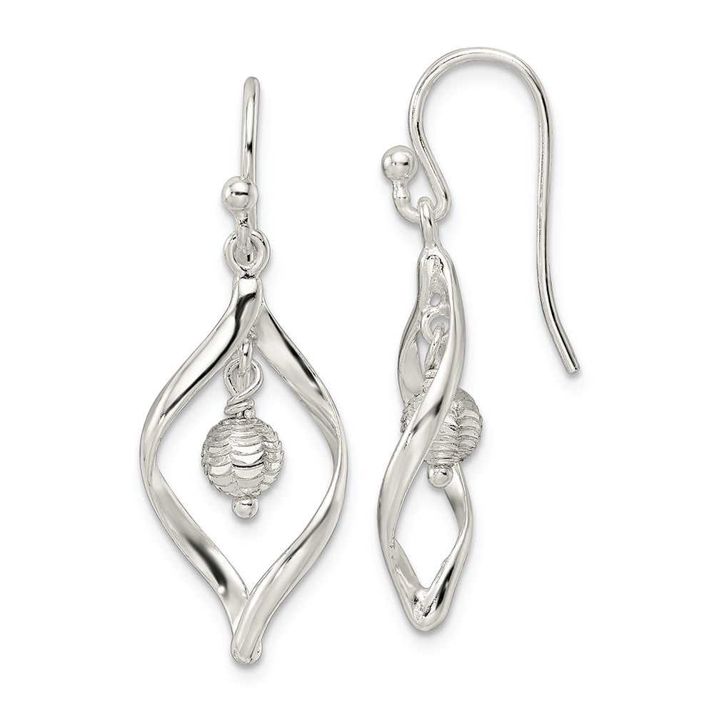 Sterling Silver Diamond-cut Twist w/Ball Center Dangle Earrings
