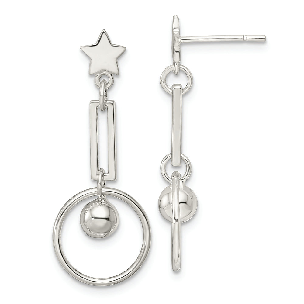 Sterling Silver Polished Star and Circle Dangle Post Earrings