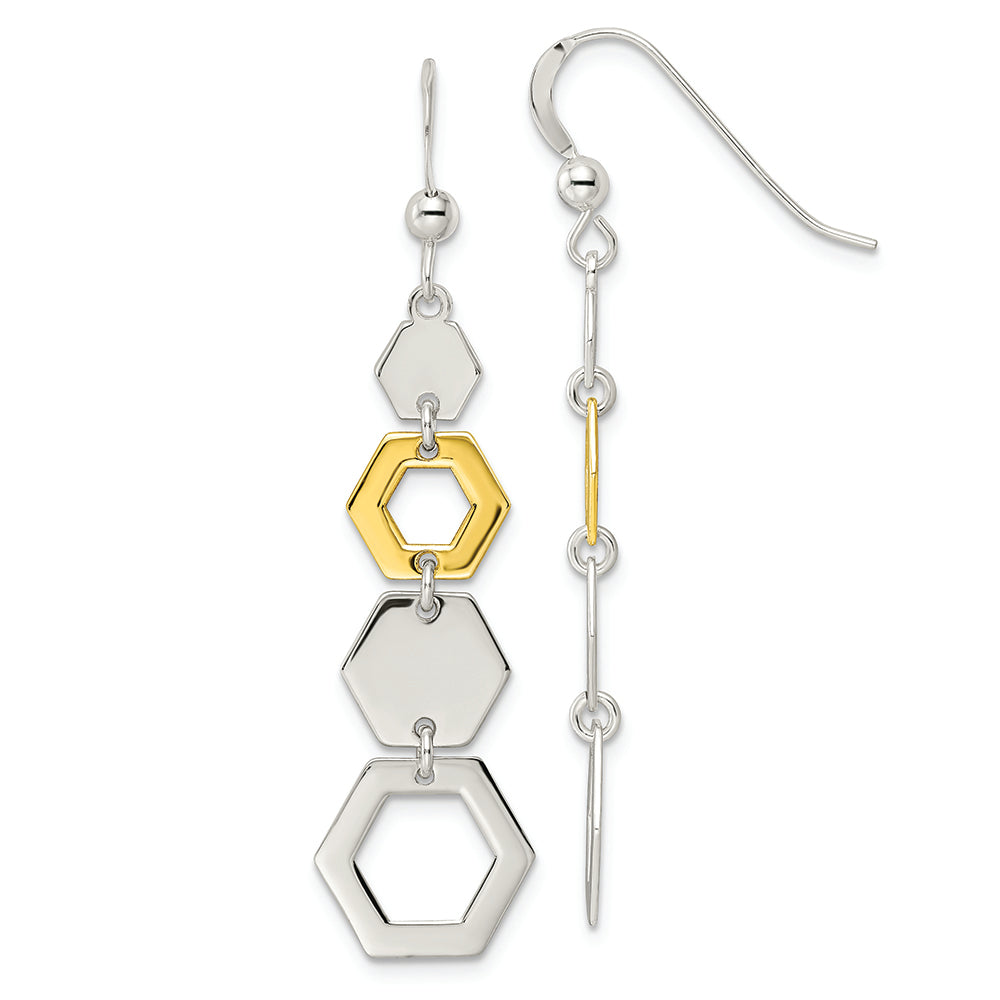 Sterling Silver Gold-tone Hexagon Dangle Earrings