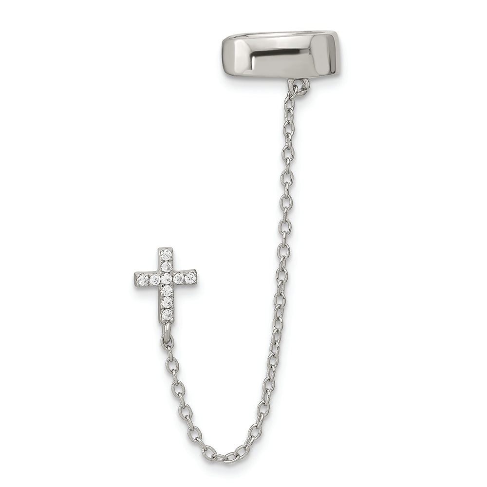 Sterling Silver Rhodium-plated CZ Cross 1 Individual Post with Cuff Earring