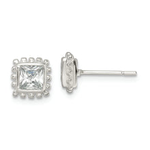 Load image into Gallery viewer, Sterling Silver Beaded Edge Square CZ Post Earrings
